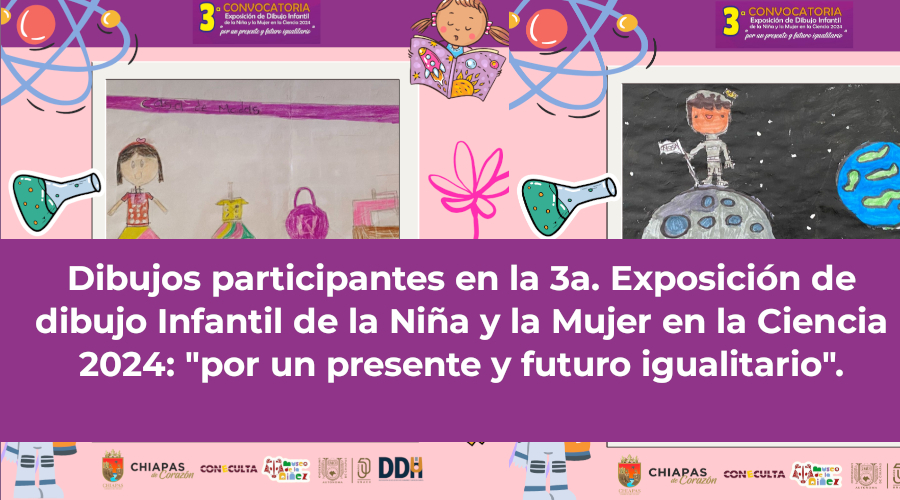 Dibujos participantes en la 3a. Exposición de dibujo Infantil de la Niña y la Mujer en la Ciencia 2024: por un presente y futuro igualitario